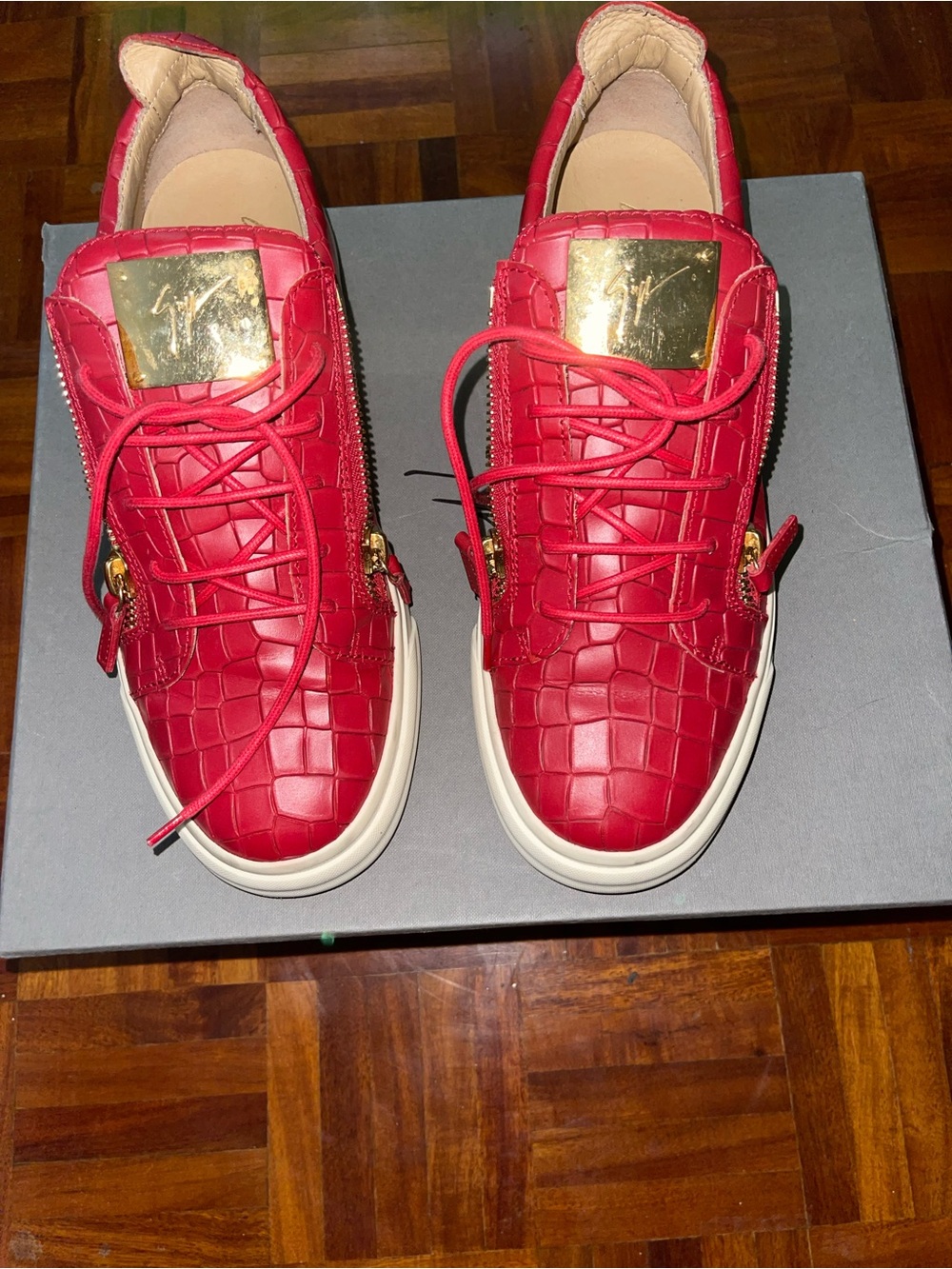 Red Croc-Embossed Leather Sneakers with Gold Plate